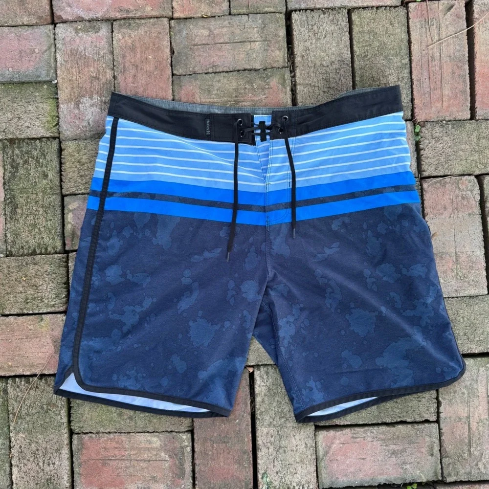 Hurley Phantom Mens Blue Striped Splatter Board Shorts Swim Trunks Size 34